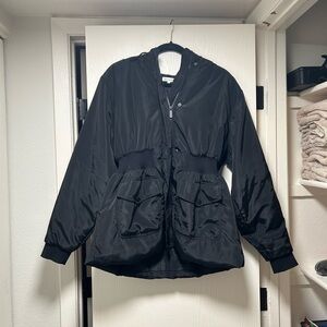 Women’s Black Puffer Waisted Lightweight Good American Hooded Jacket- size 3